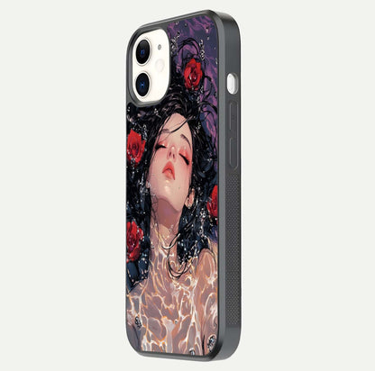 Crimson Rose Serenity Glass Case for iphone-12 side-angle photo showing glass reflection and soft edges