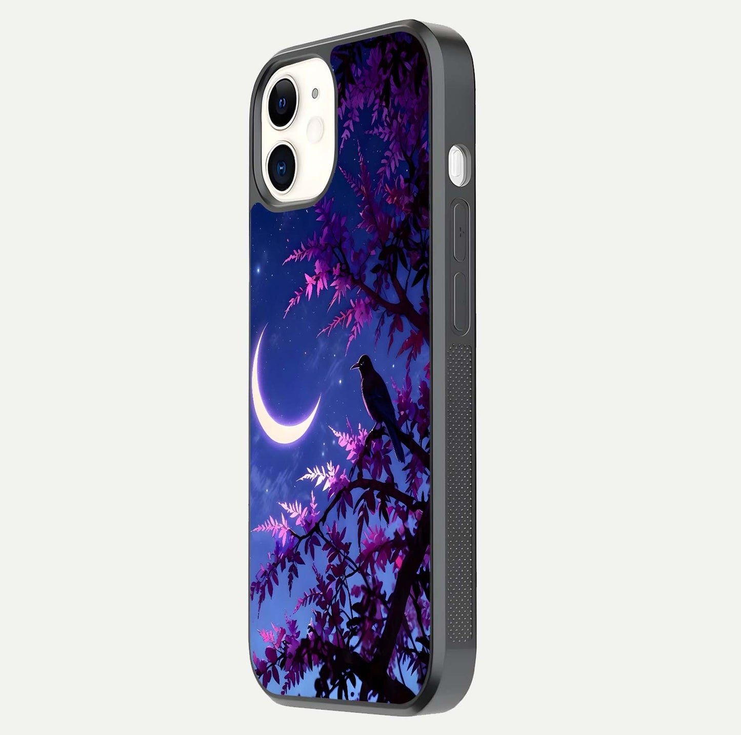 Crow & Moon Scenery Glass Case for iphone-12 side-angle photo capturing glossy shine and artistic contrast