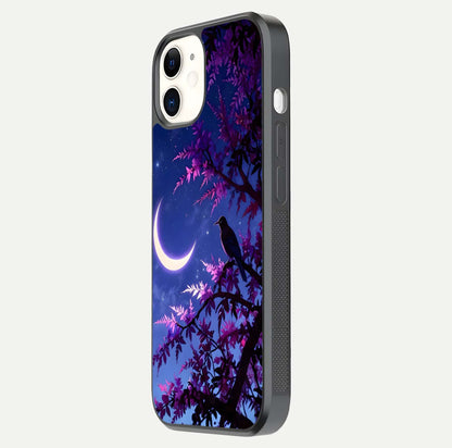 Crow & Moon Scenery Glass Case for iphone-12 side-angle photo capturing glossy shine and artistic contrast