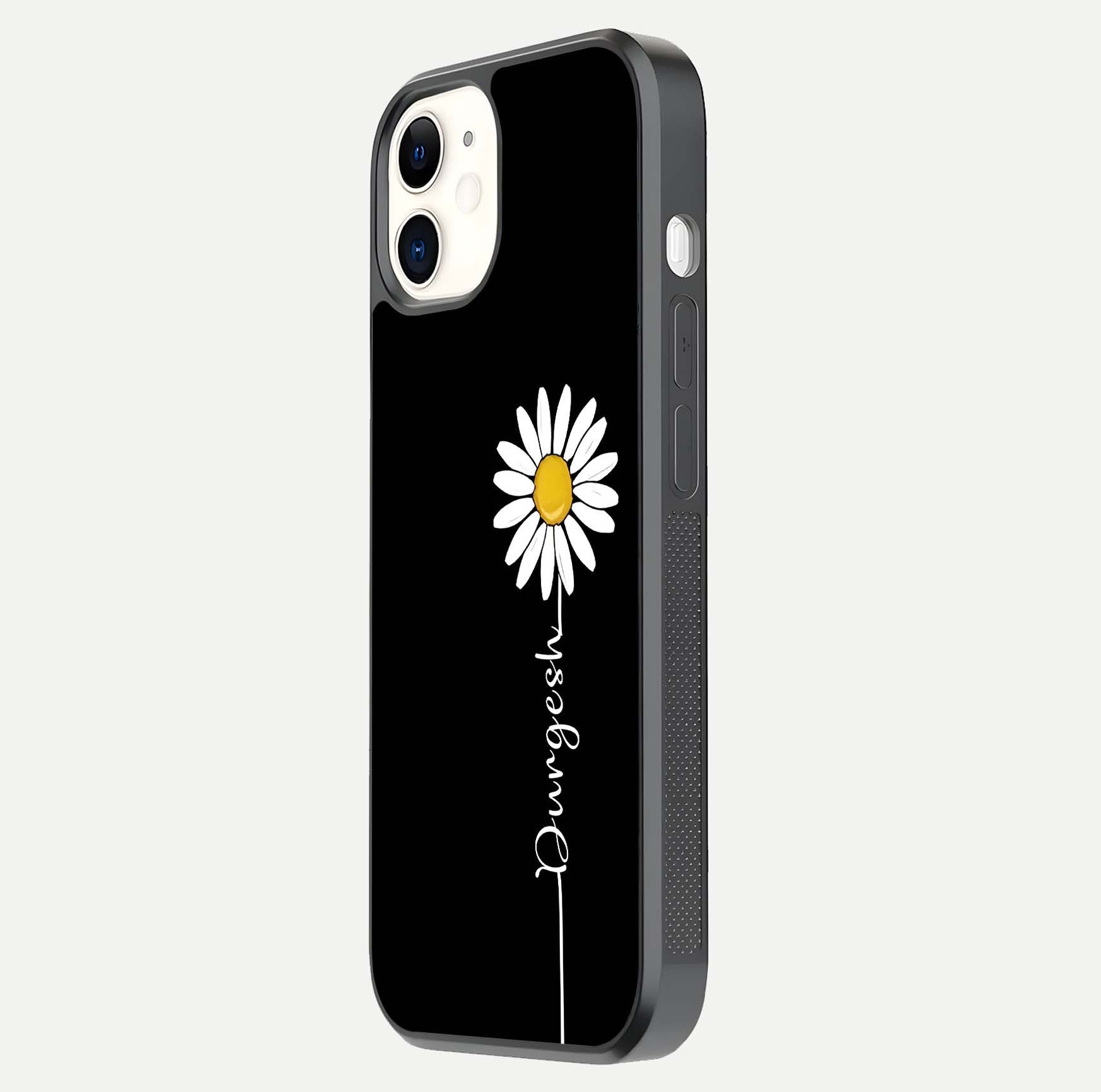 Custom Name White Flower Glass Case for iphone-12 side-angle photo showing reflection shine and name clarity