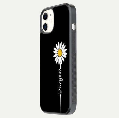 Custom Name White Flower Glass Case for iphone-12 side-angle photo showing reflection shine and name clarity
