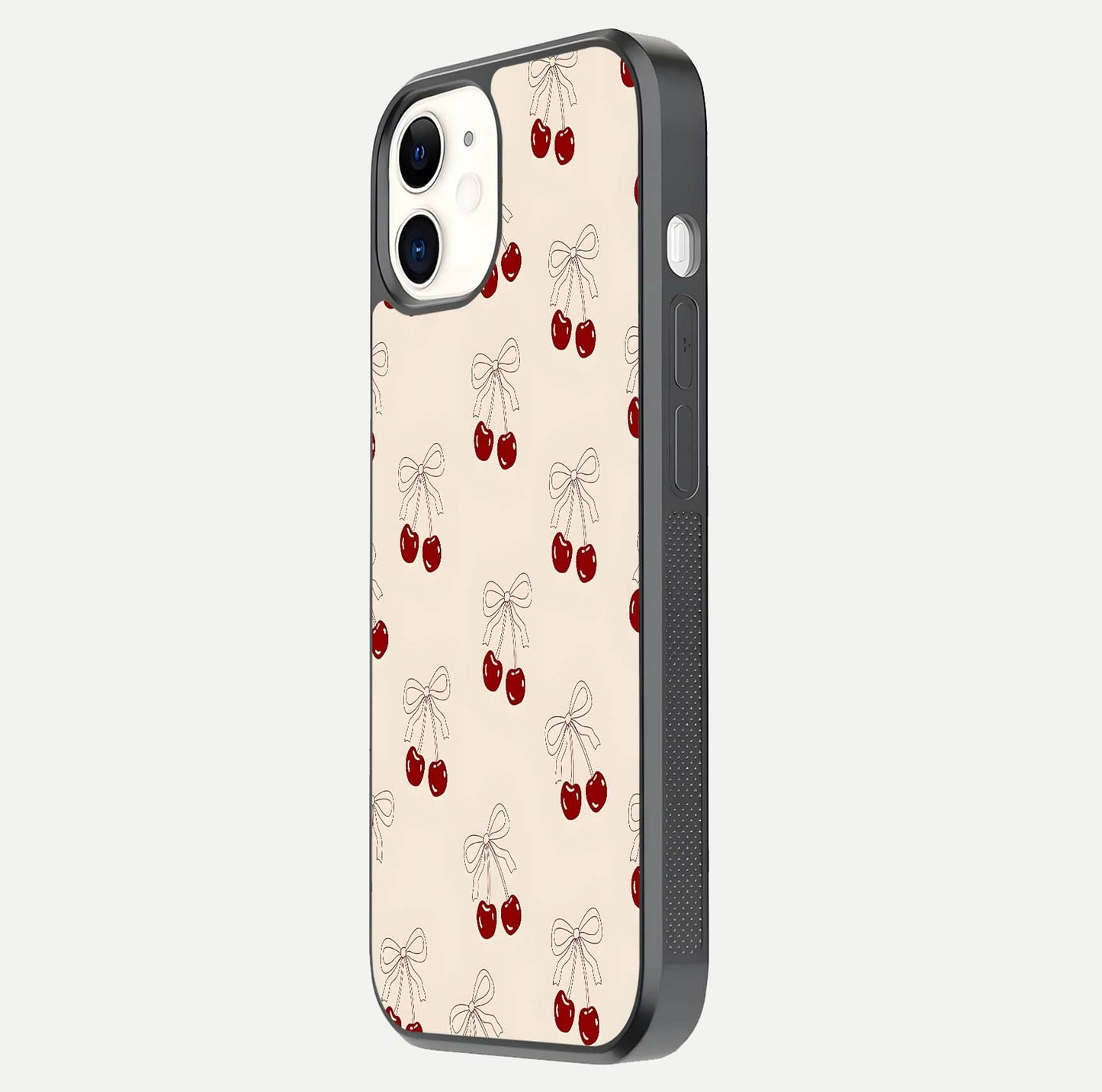 Cute Cherry Pattern Glass Case for iphone-12 side-angle photo highlighting gloss curve and pattern clarity