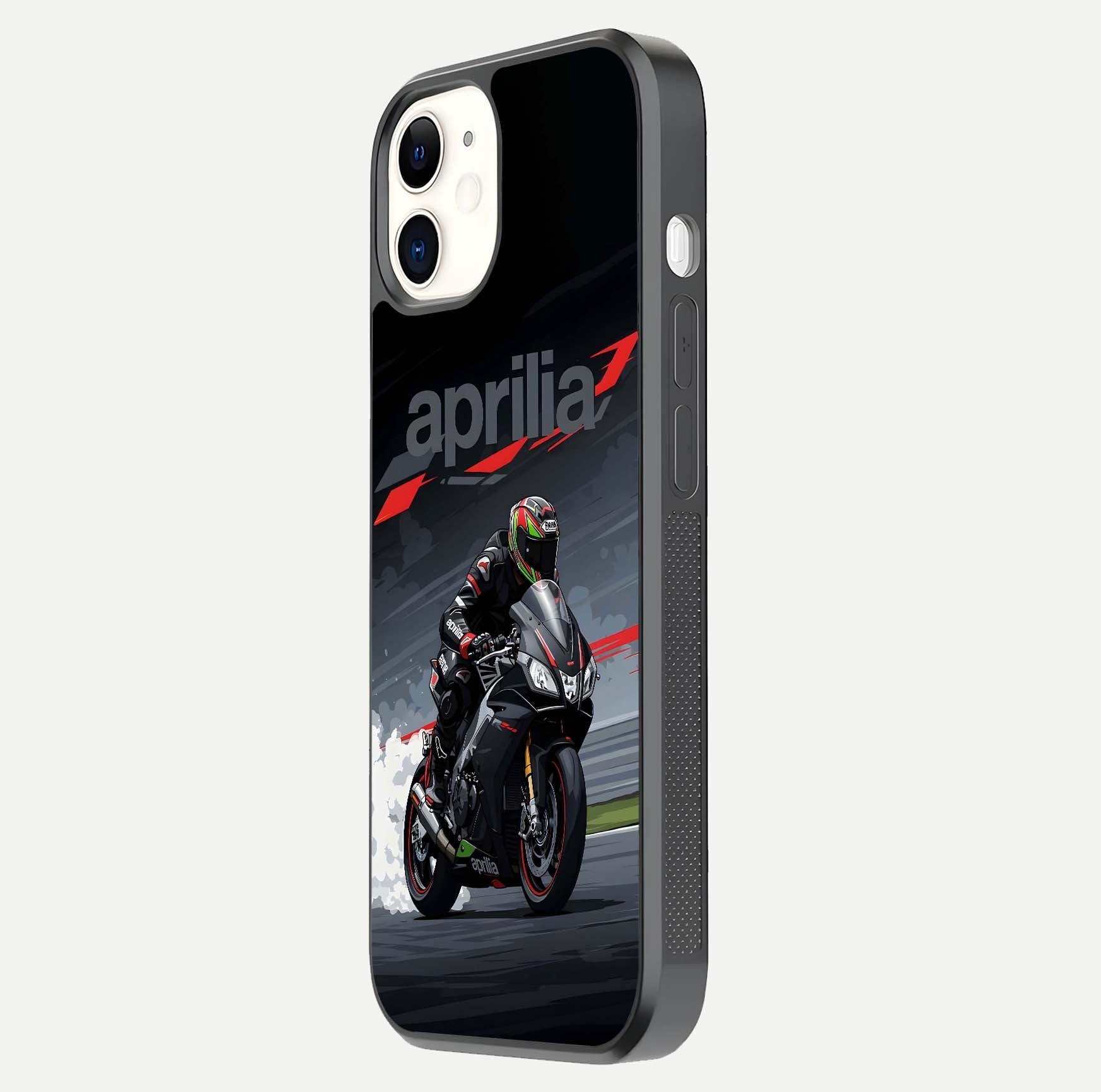 Dark Aprilla Glass Case for iphone-12 side-angle photo showing reflection gloss and curved edge finish