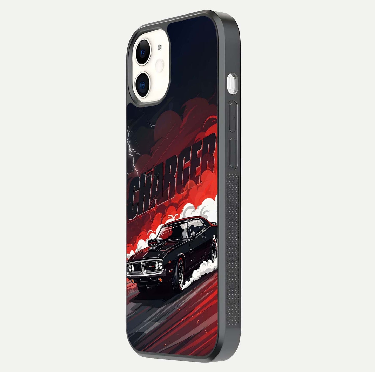 Dark Charger Fury Glass Case for iphone-12 side-angle image showing edge gloss and bold tone