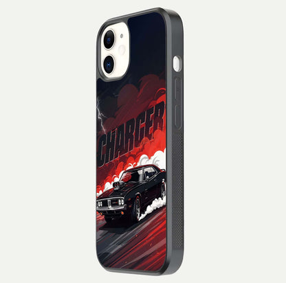 Dark Charger Fury Glass Case for iphone-12 side-angle image showing edge gloss and bold tone