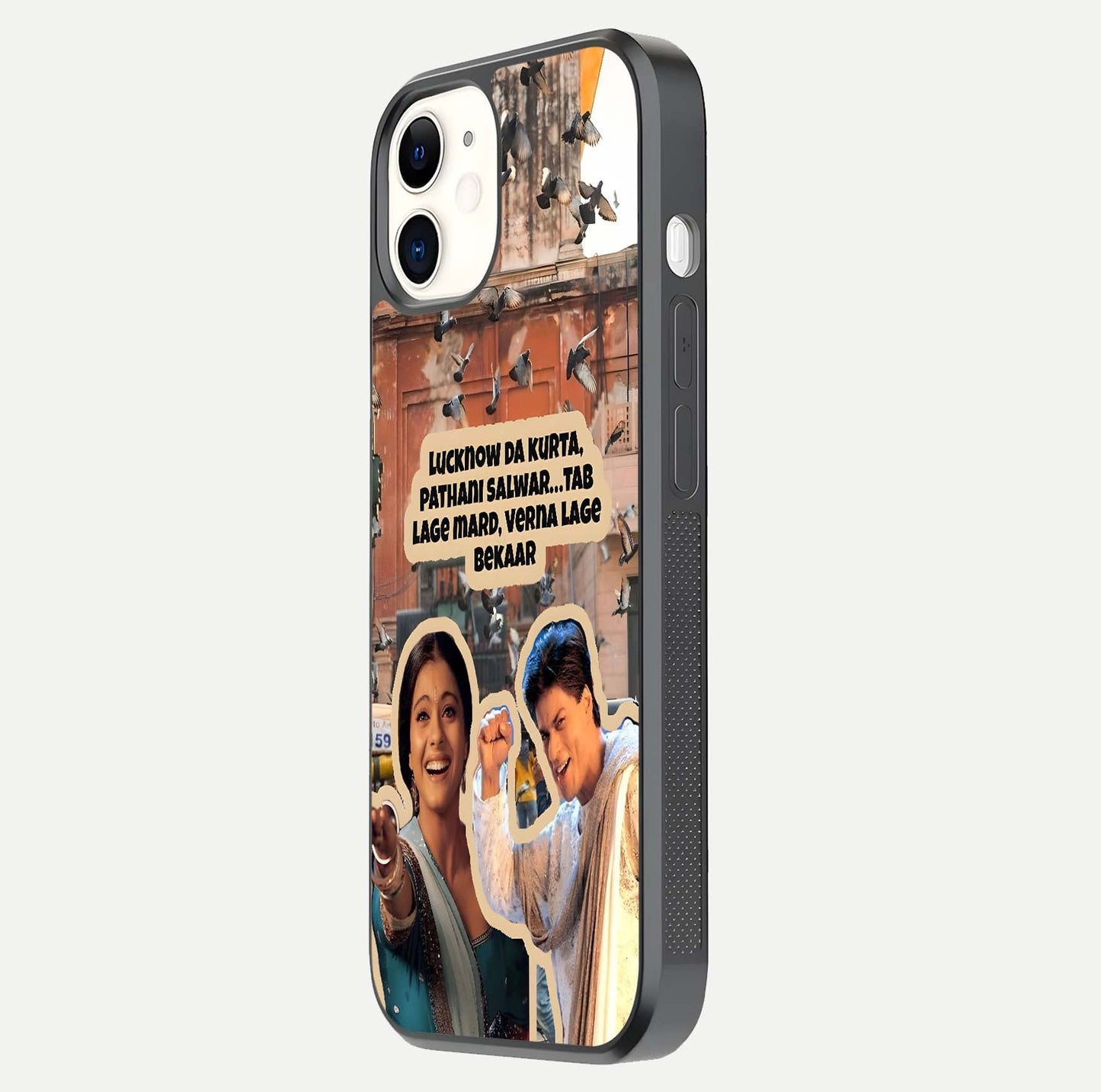 Desi Retro Vibes Glass Case for iphone-12 side-angle image displaying gloss texture and bold pattern