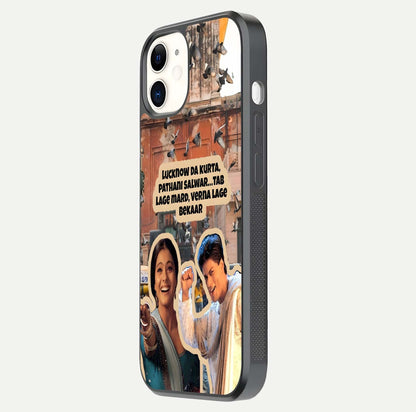 Desi Retro Vibes Glass Case for iphone-12 side-angle image displaying gloss texture and bold pattern