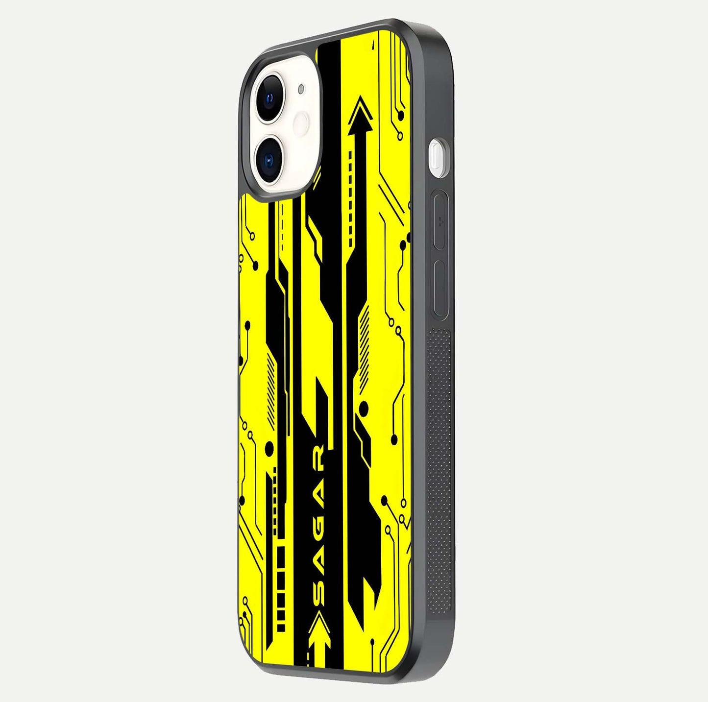 Electric Pulse CYBERPUNK Custom Name Glass Case for iphone-12 side-angle image showing glossy reflection and edge illumination