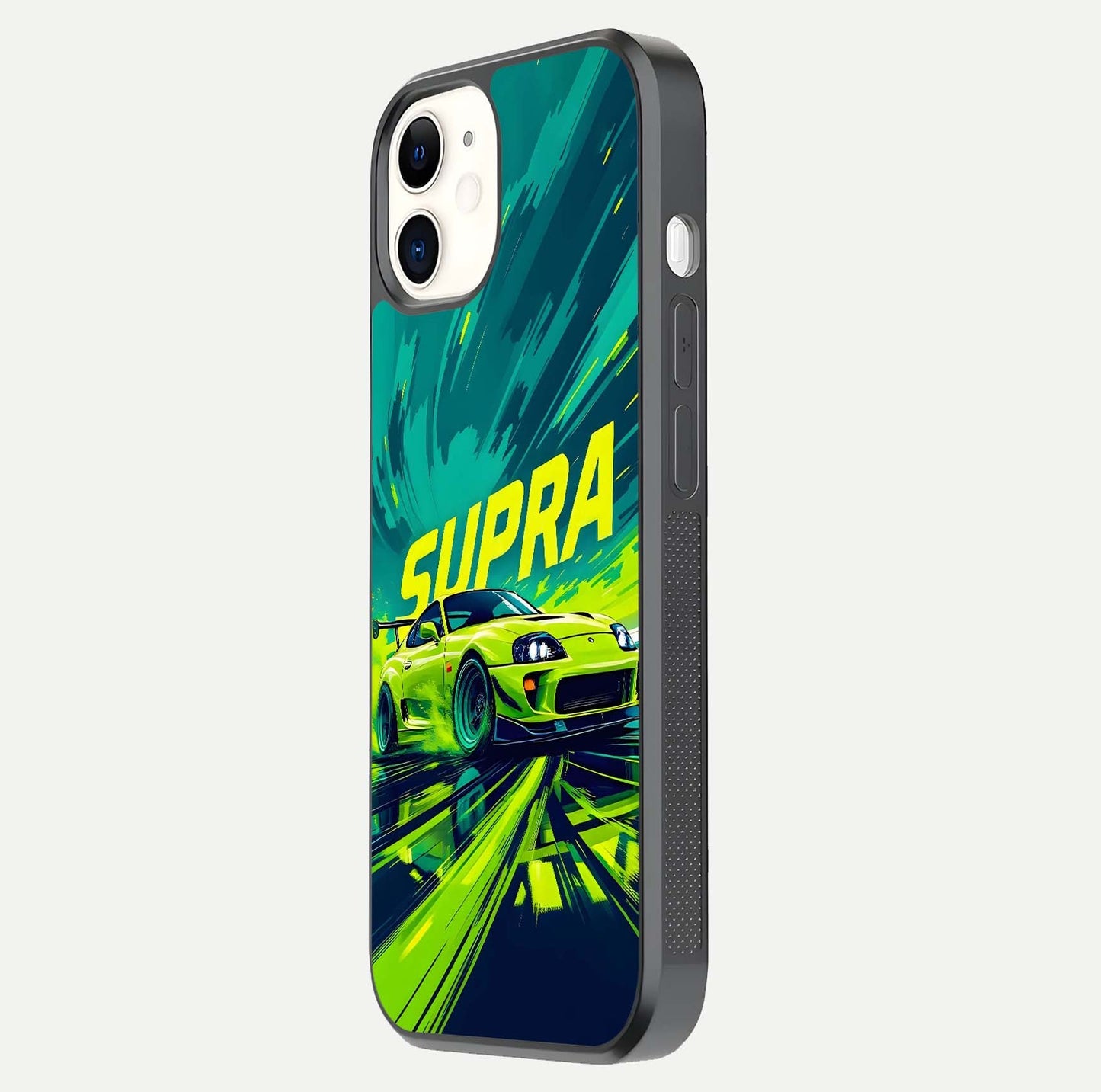 Electric Supra Thunder Glass Case for iphone-12 side-angle photo showing sleek car outline and reflective shine