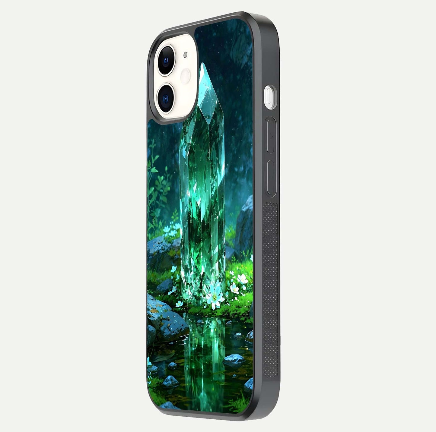 Emerald Light Crystal Glass Case for iphone-12 side-angle image showing gloss reflection and curved border