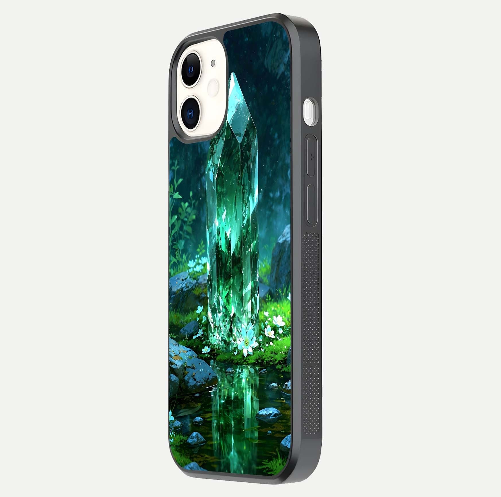 Emerald Light Crystal Glass Case for iphone-12 side-angle image showing gloss reflection and curved border