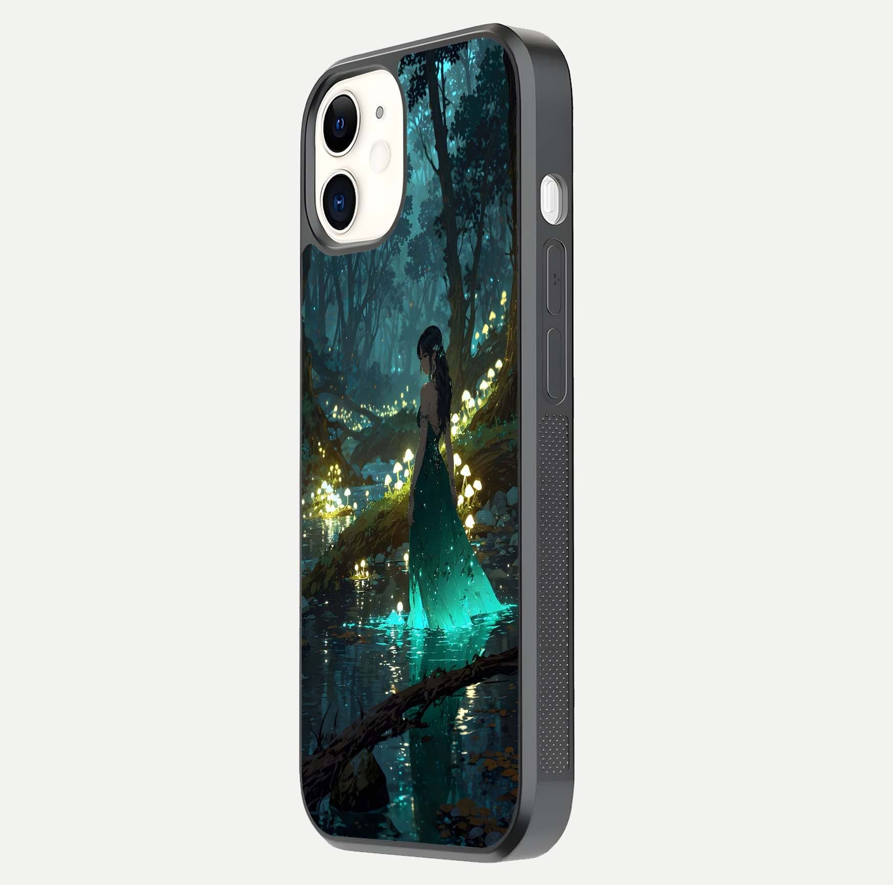 Enchanted Forest Glow Glass Case for iphone-12 side-angle image capturing shine reflection and rich detail