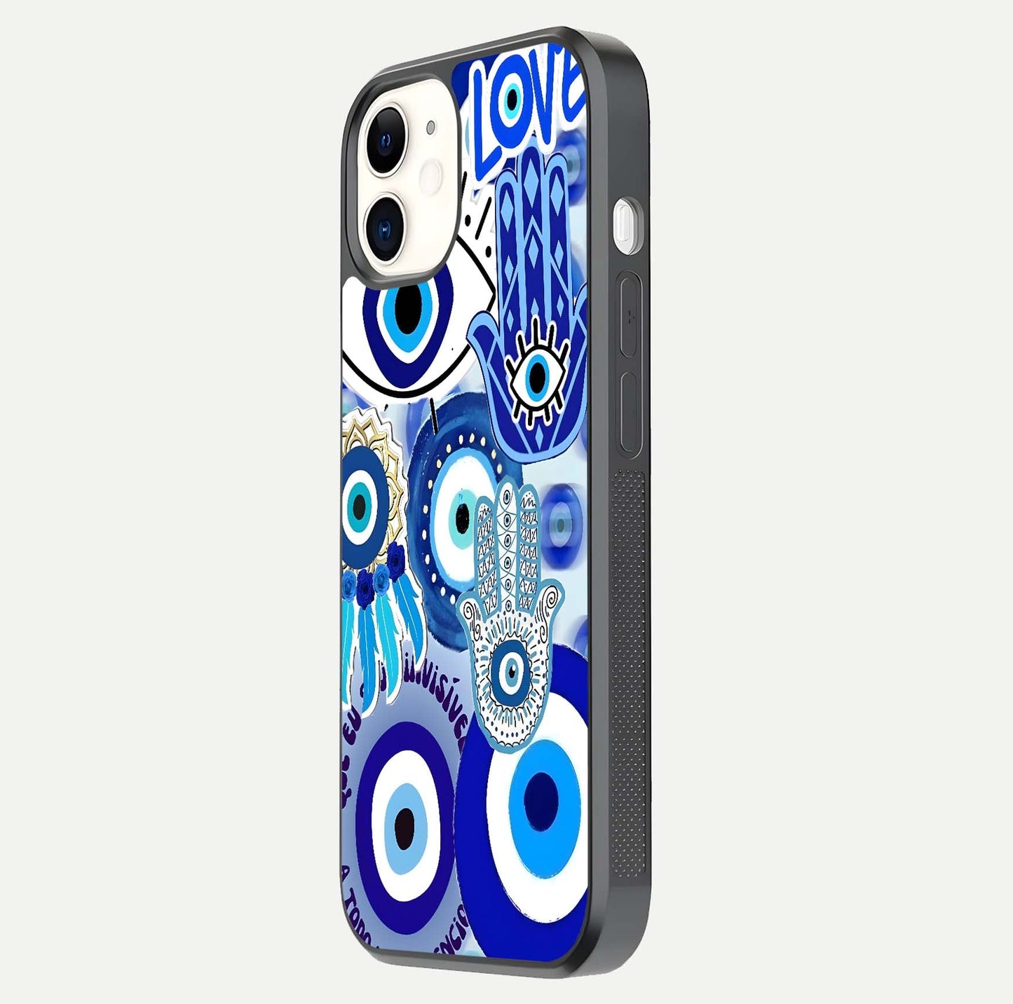 Evil Eyes Dream Glass Case for iphone-12 side-angle photo capturing smooth edges and reflective texture