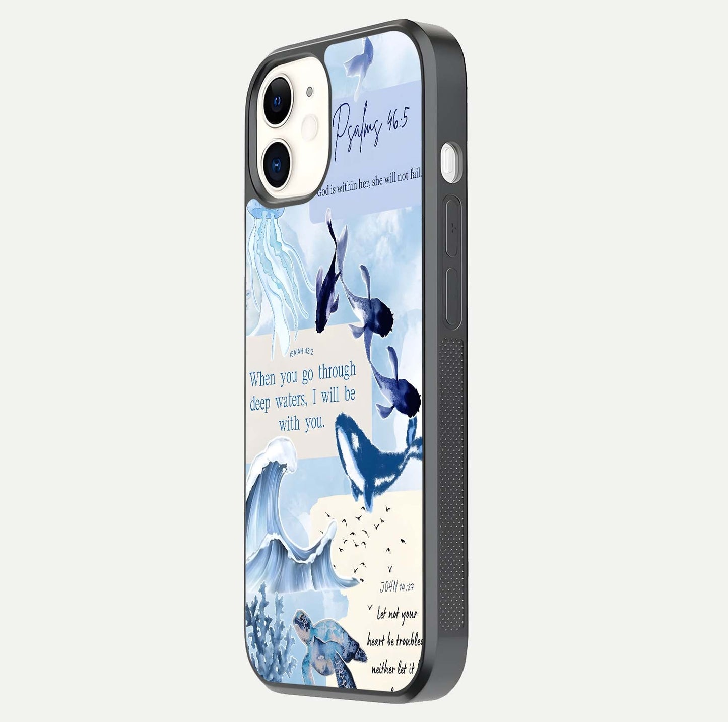 Faithful Ocean Promise Glass Case for iphone-12 side-angle photo showing reflection glow and color clarity