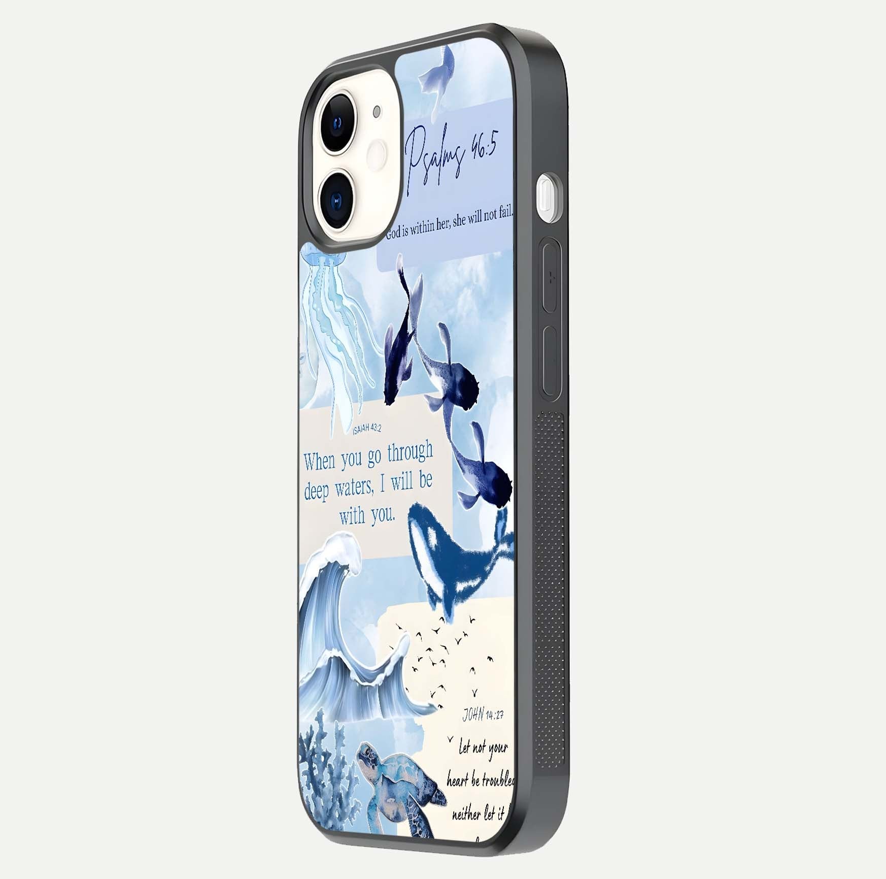 Faithful Ocean Promise Glass Case for iphone-12 side-angle photo showing reflection glow and color clarity
