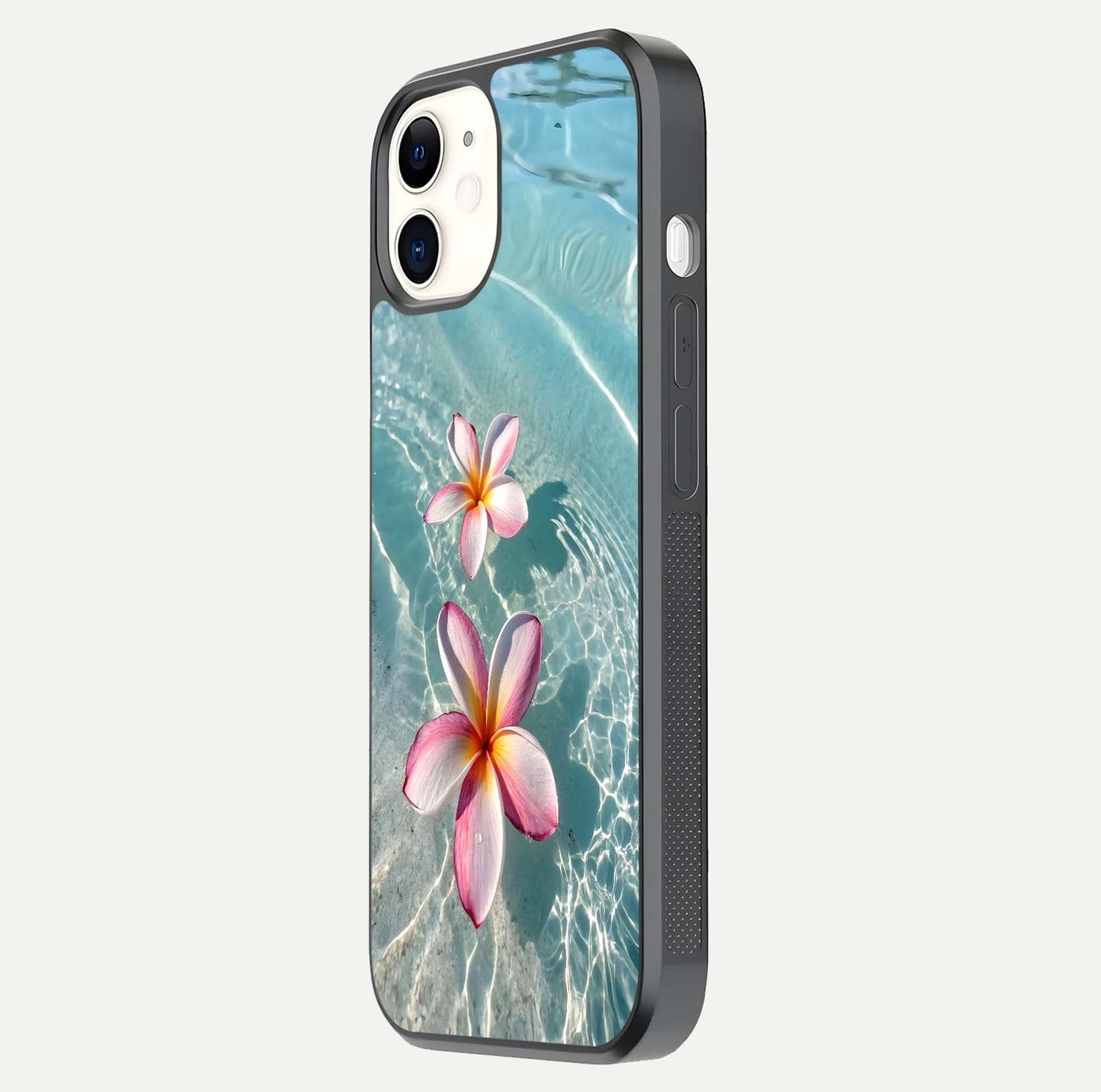 Floating Bloom Bliss Glass Case for iphone-12 side-angle photo showing smooth reflection and elegant curve