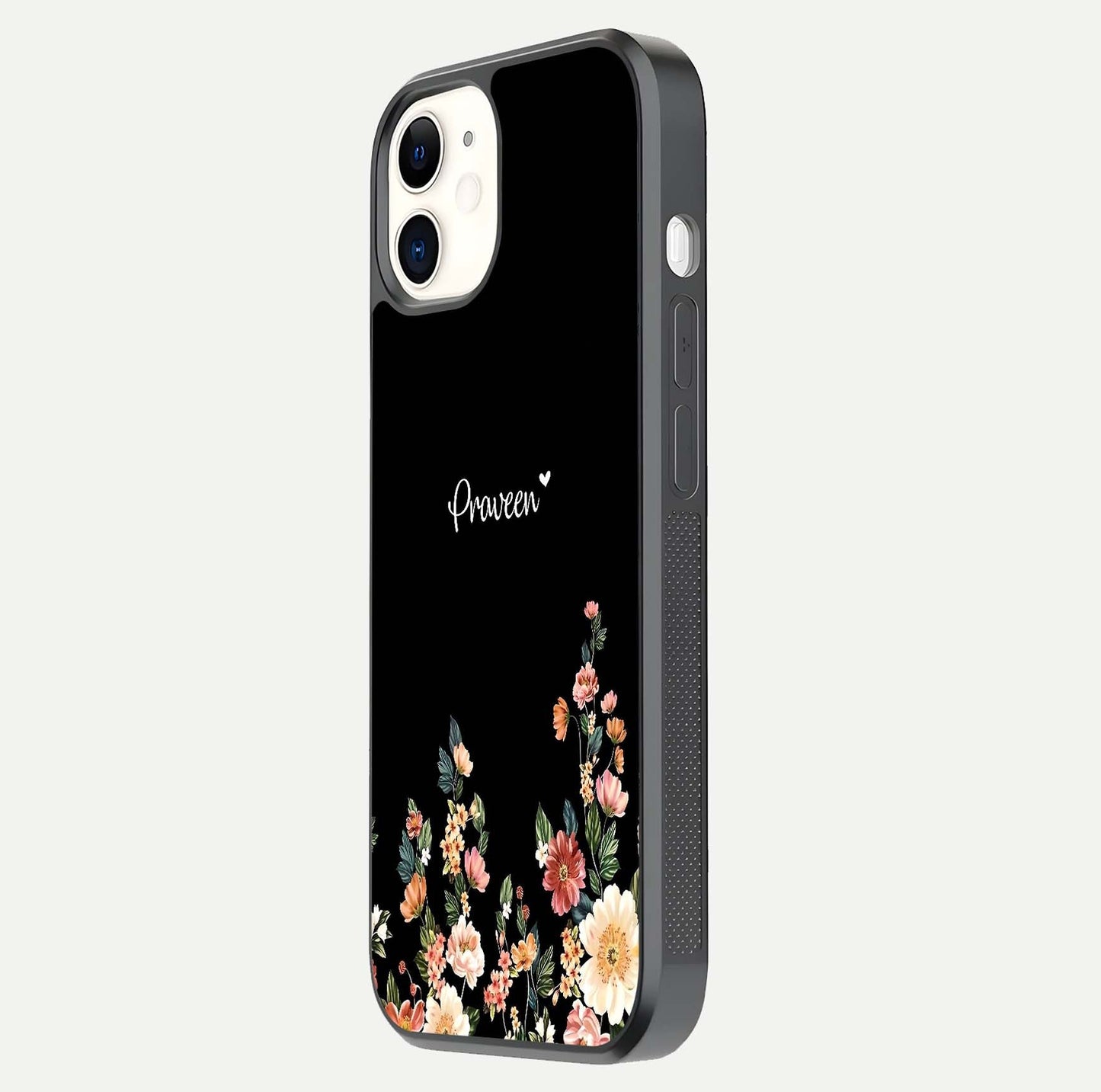 Floral Design Personalized Custom Name Glass Case for iphone-12 side-angle image showing name alignment and gloss shine