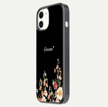 Floral Design Personalized Custom Name Glass Case for iphone-12 side-angle image showing name alignment and gloss shine