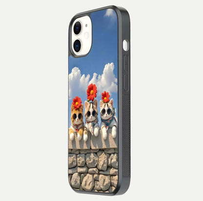 Floral Kitty Squad Glass Case for iphone-12 side-angle photo showing reflection glow and polished surface