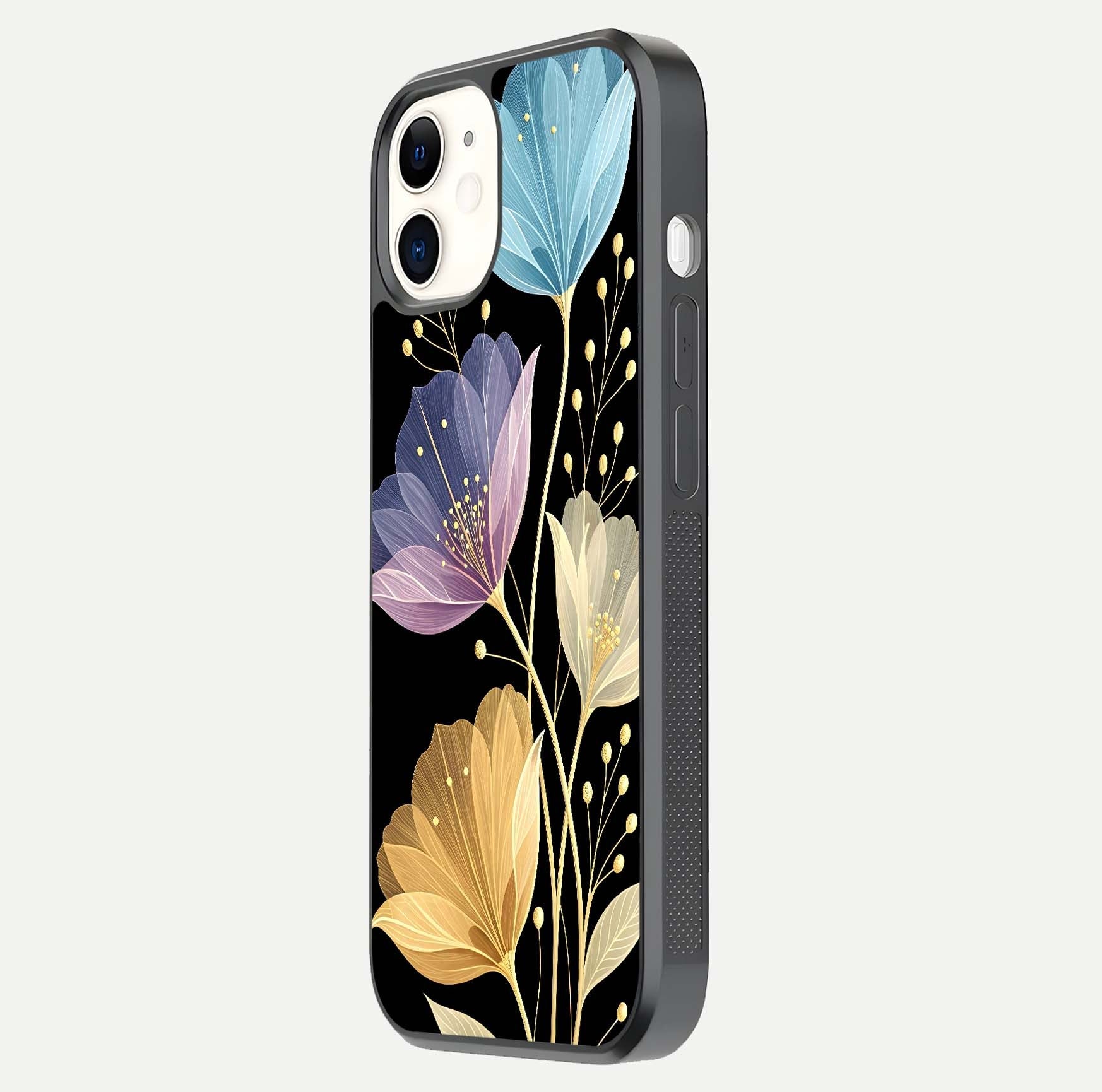 Flower Bloom Glow Glass Case for iphone-12 side-angle image capturing gloss reflection and flower glow