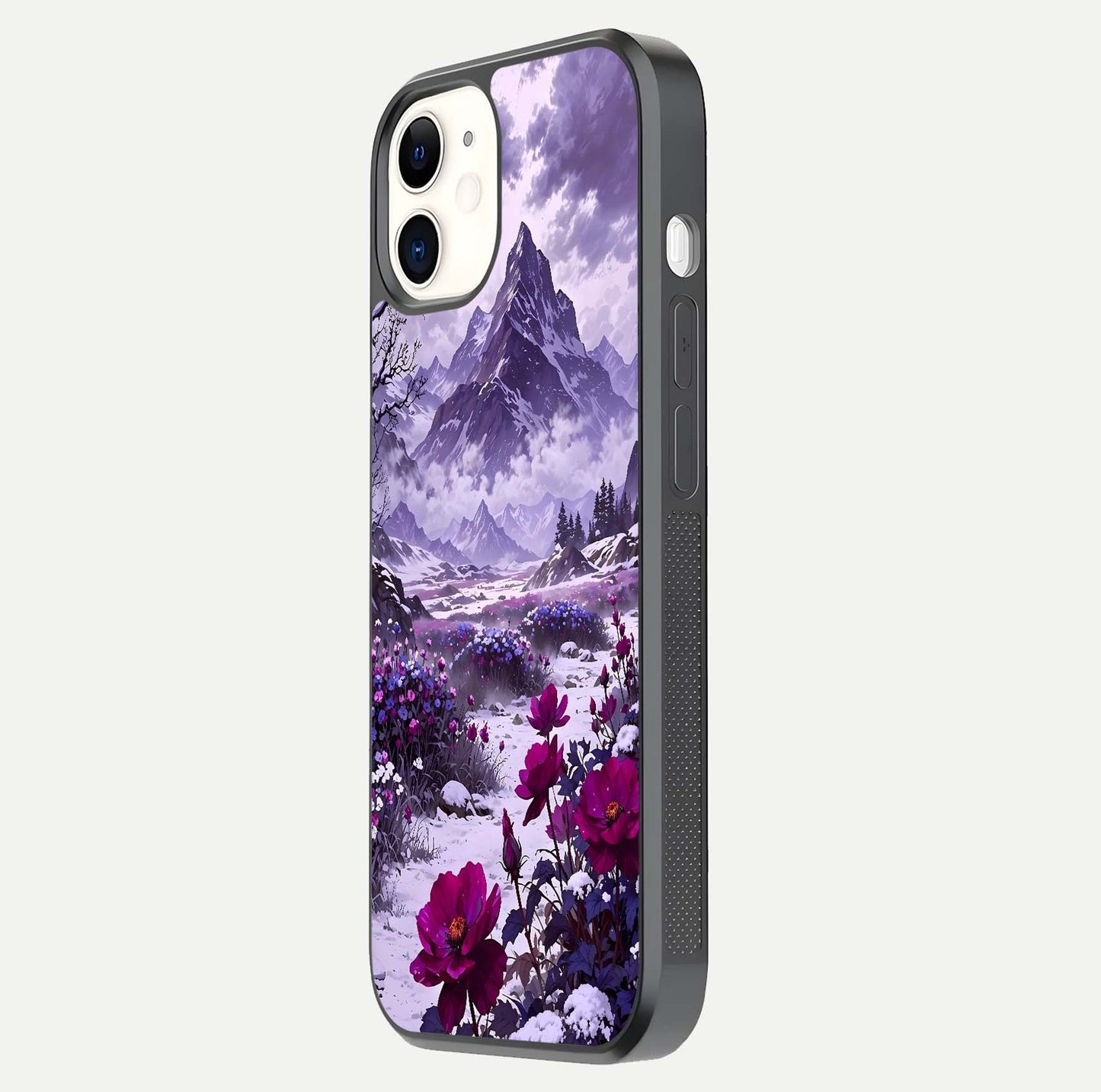 Flower Mountain View Glass Case for iphone-12 side-angle image showing gloss polish and smooth edge