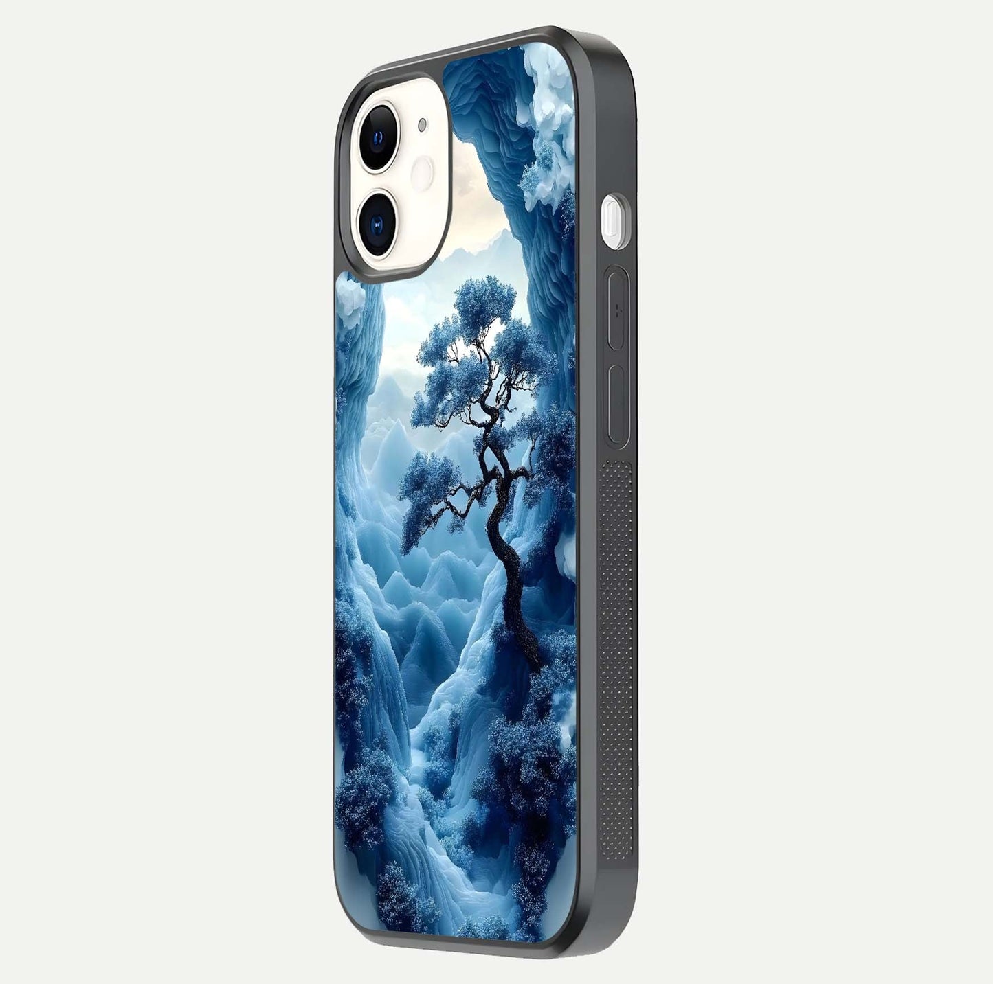 Frozen Serenity Gate Glass Case for iphone-12 side-angle photo showing reflective surface and cold tones