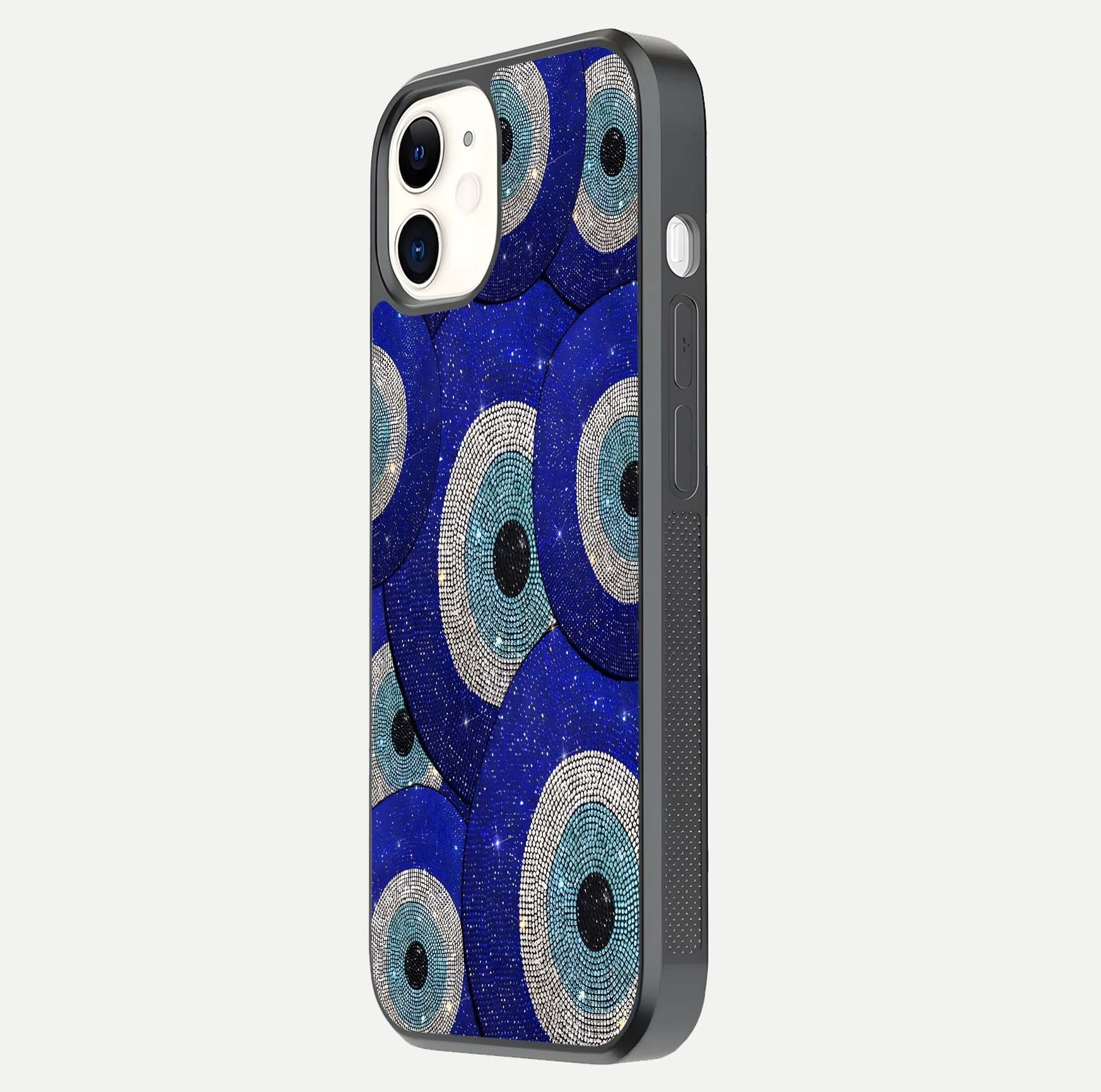 Galaxy Eye Flow Glass Case for iphone-12 side-angle image showing reflection detail and premium shine