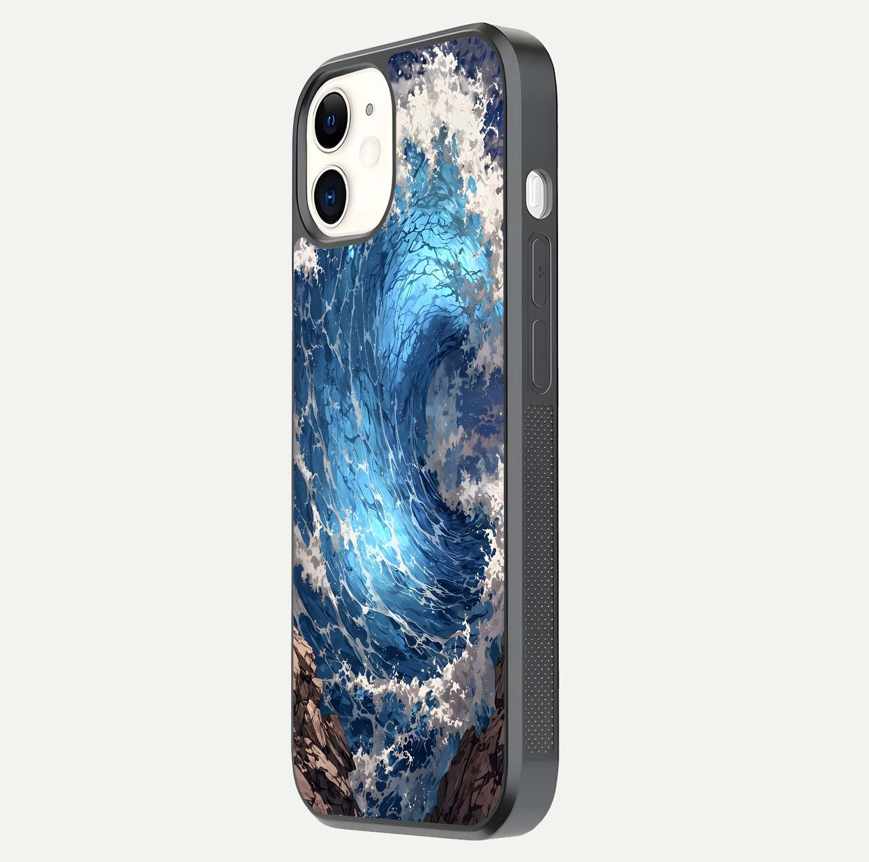 Giant Ocean Wave Glass Case for iphone-12 side-angle image showing light reflection and ocean detail