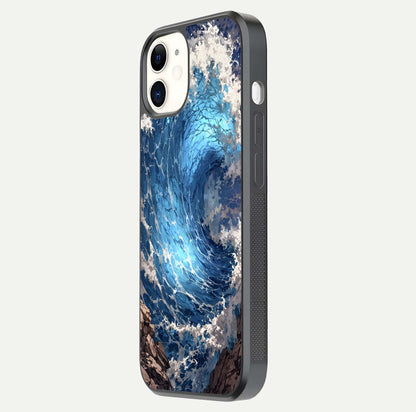 Giant Ocean Wave Glass Case for iphone-12 side-angle image showing light reflection and ocean detail
