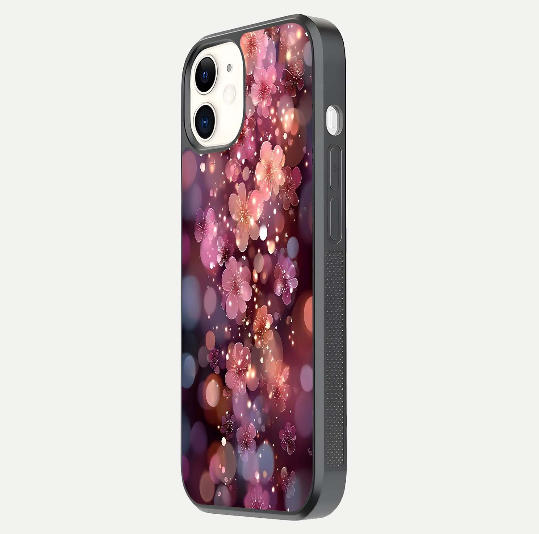 Glowing Petal Bliss Glass Case for iphone-12 side-angle image showing light reflection and soft floral texture