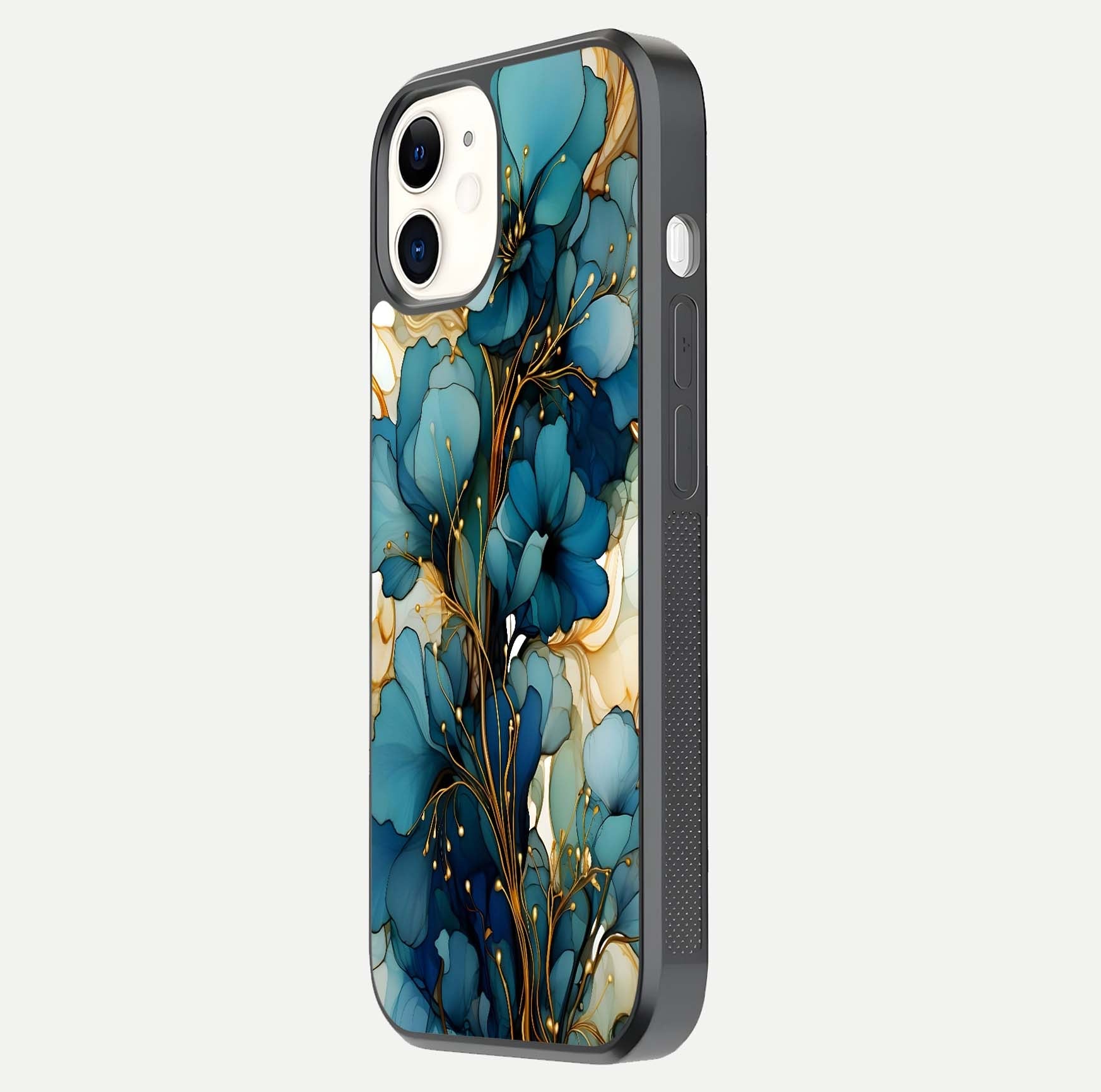 Golden Bloom Symphony Glass Case for iphone-12 side-angle image showing golden glow, light reflection, and premium surface