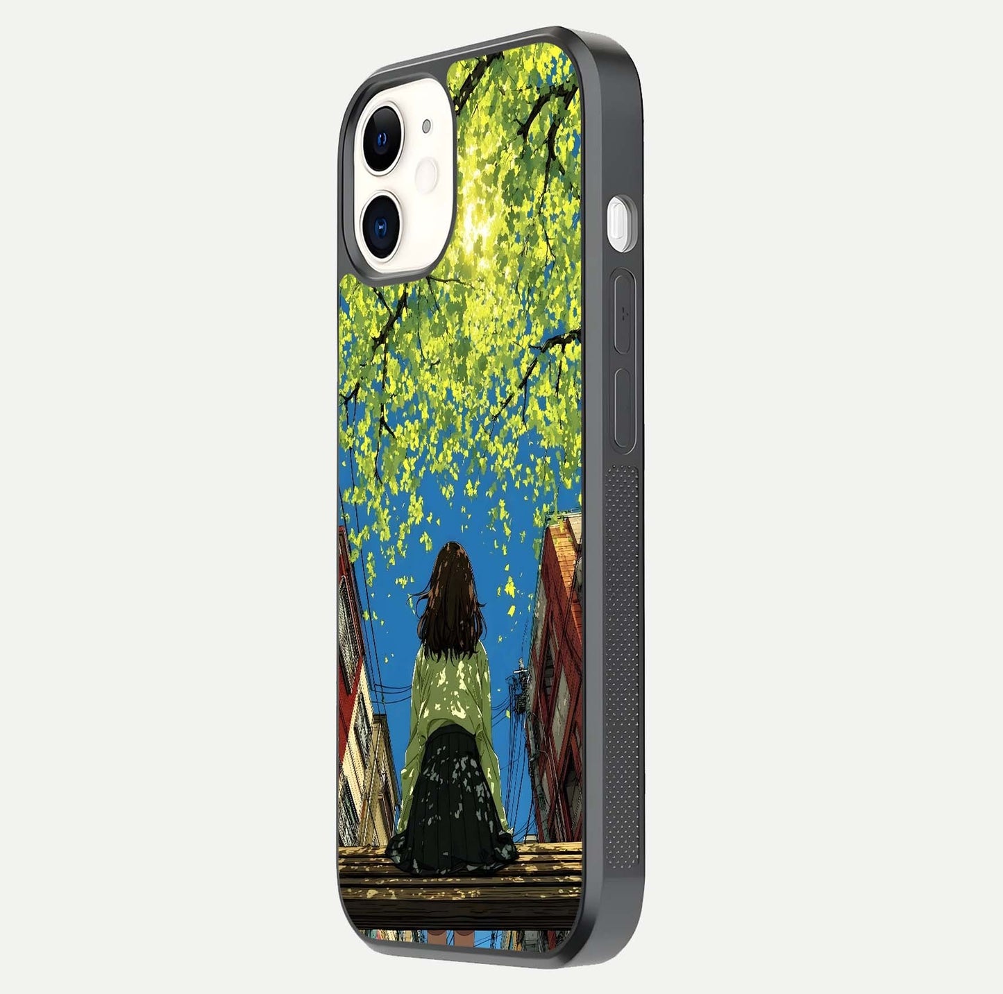 Golden Leaves Glow Glass Case for iphone-12 side-angle image showing reflection polish and elegant pattern