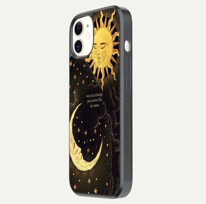 Golden Lunar Love Glass Case for iphone-12 side-angle image showing reflection brilliance and smooth golden tone