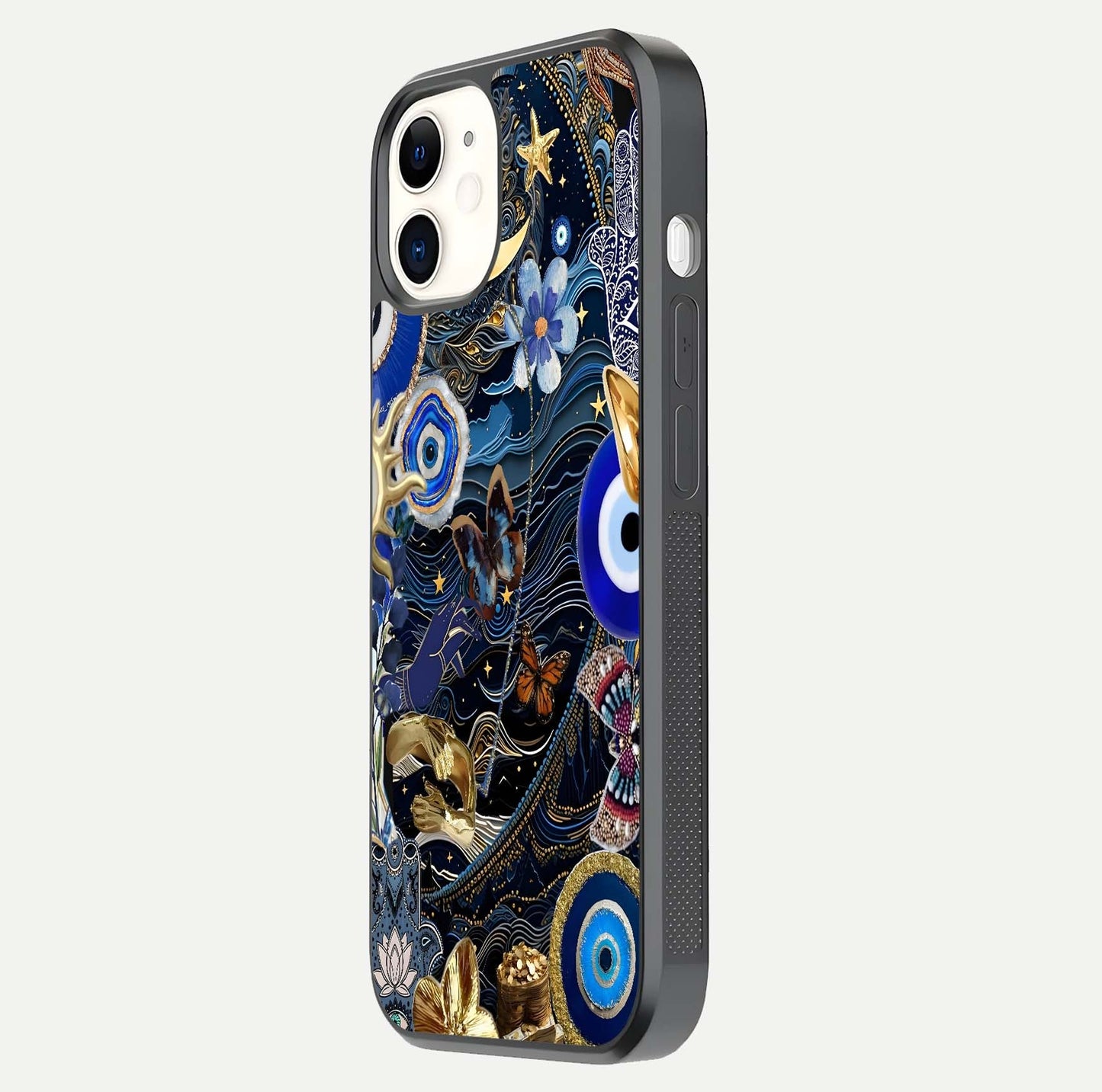 Golden Moon Magic Glass Case for iphone-12 side-angle image showing reflection glow, curved polish, and moon detail