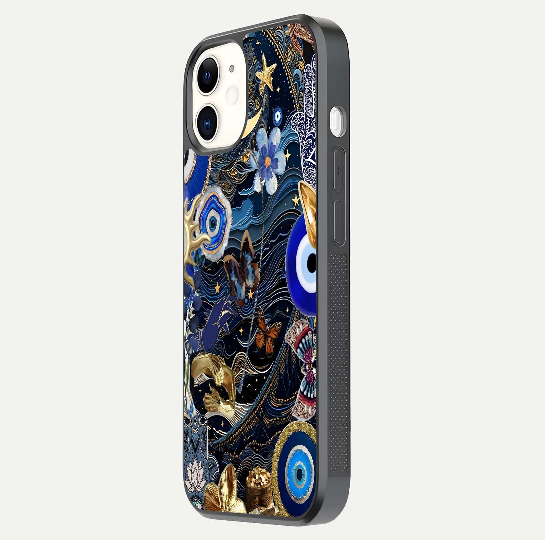 Golden Moon Magic Glass Case for iphone-12 side-angle image showing reflection glow, curved polish, and moon detail