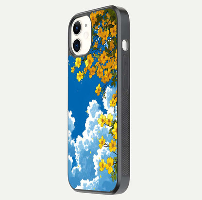 Golden Petal Sky Glass Case for iphone-12 side-angle image showing reflection depth and metallic floral tones