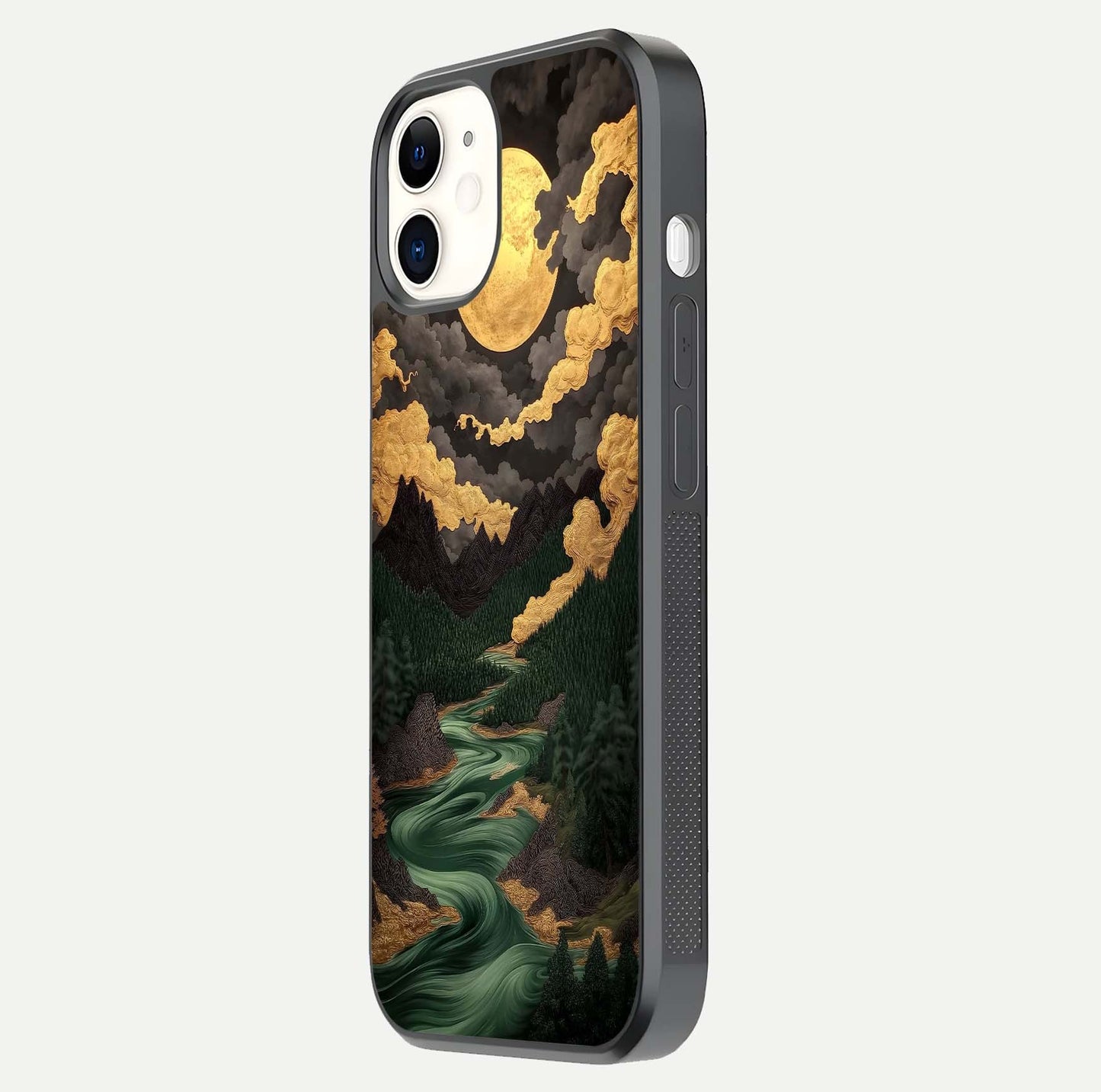 Golden River Moon Glass Case for iphone-12 side-angle image showing reflection clarity and detailed nightscape
