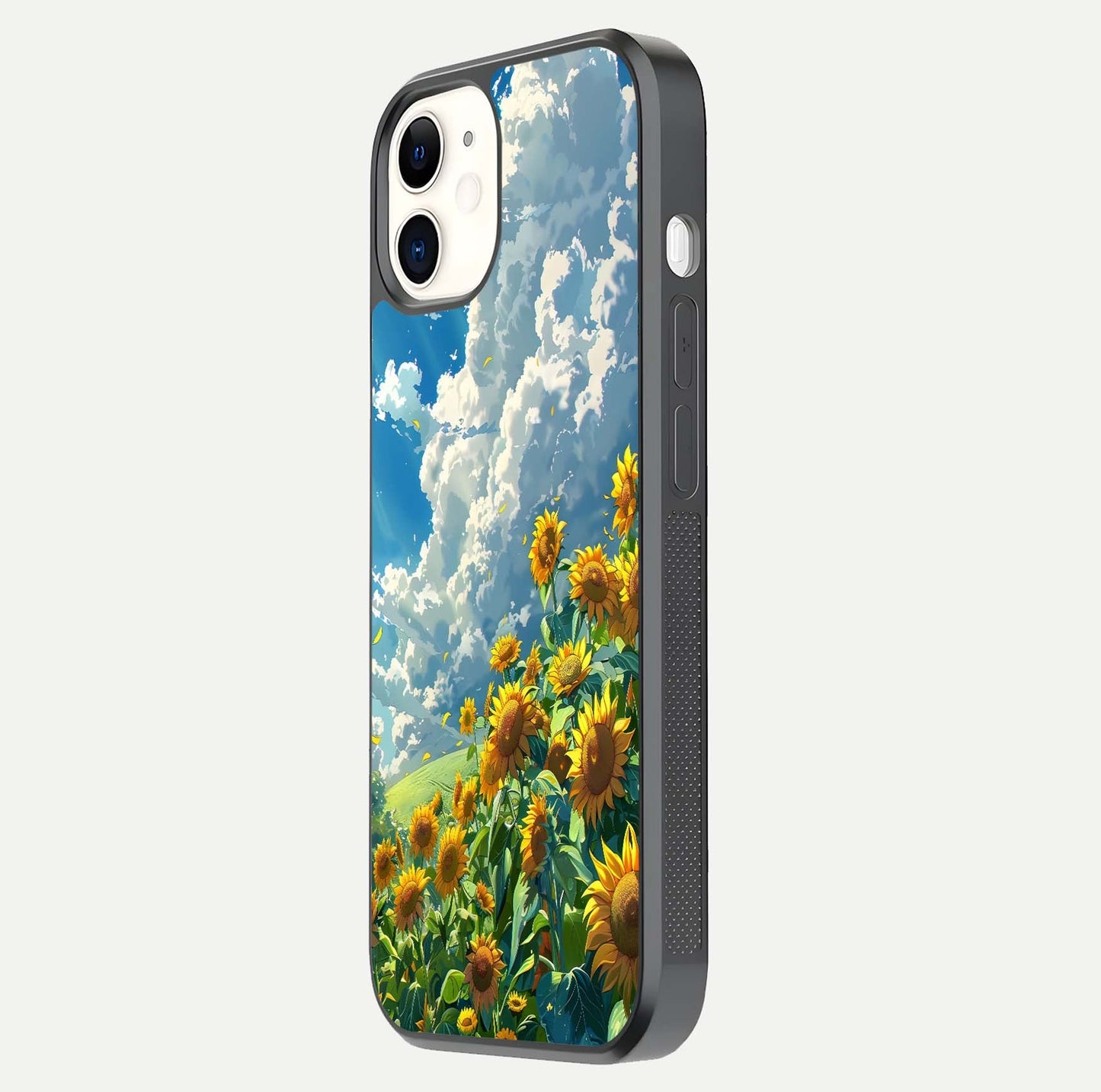 Golden Sun Glory Glass Case for iphone-12 side-angle image showing reflection glow and luminous texture