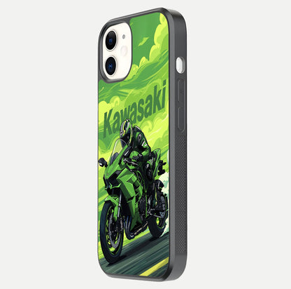 Green Kawasaki Glass Case for iphone-12 side-angle image showing reflection depth and metallic green accent