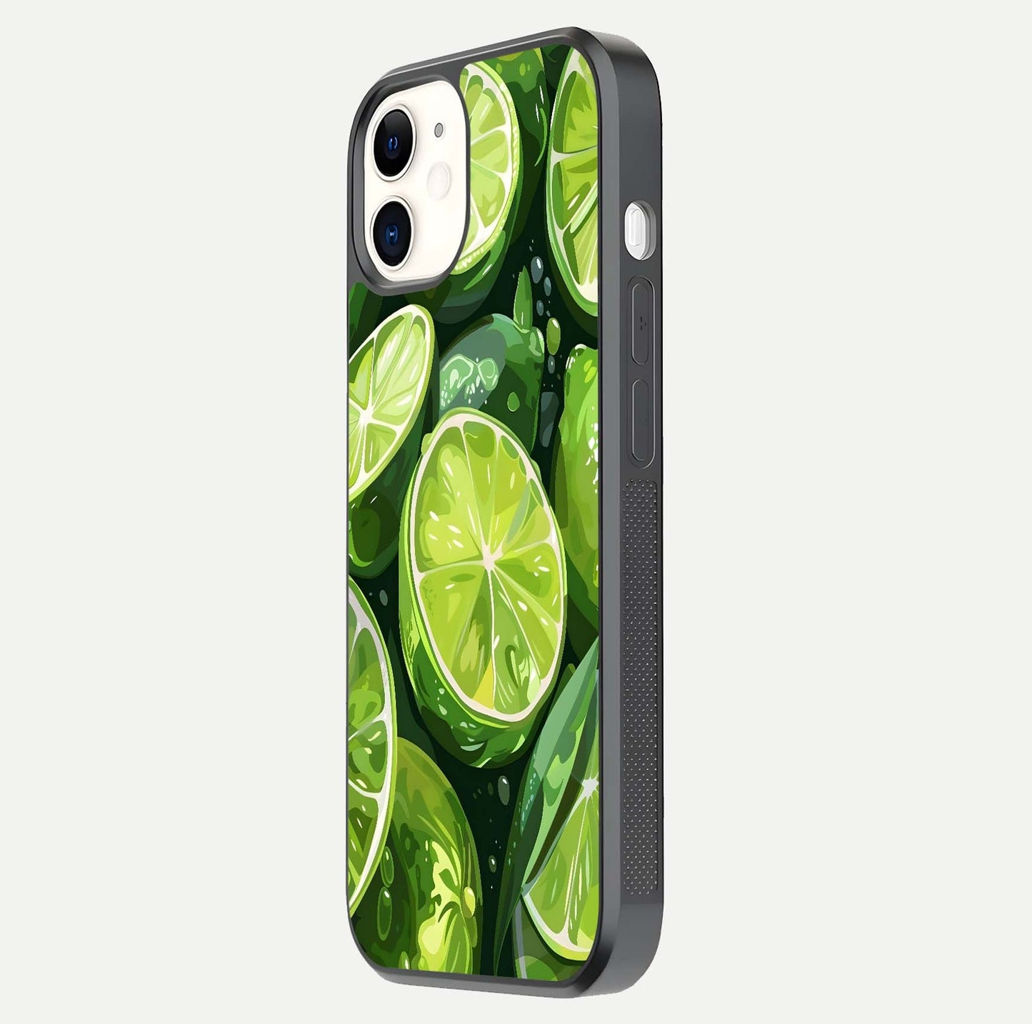 Green Lemon Glass Case for iphone-12 side-angle image showing reflection glow and juicy color tones