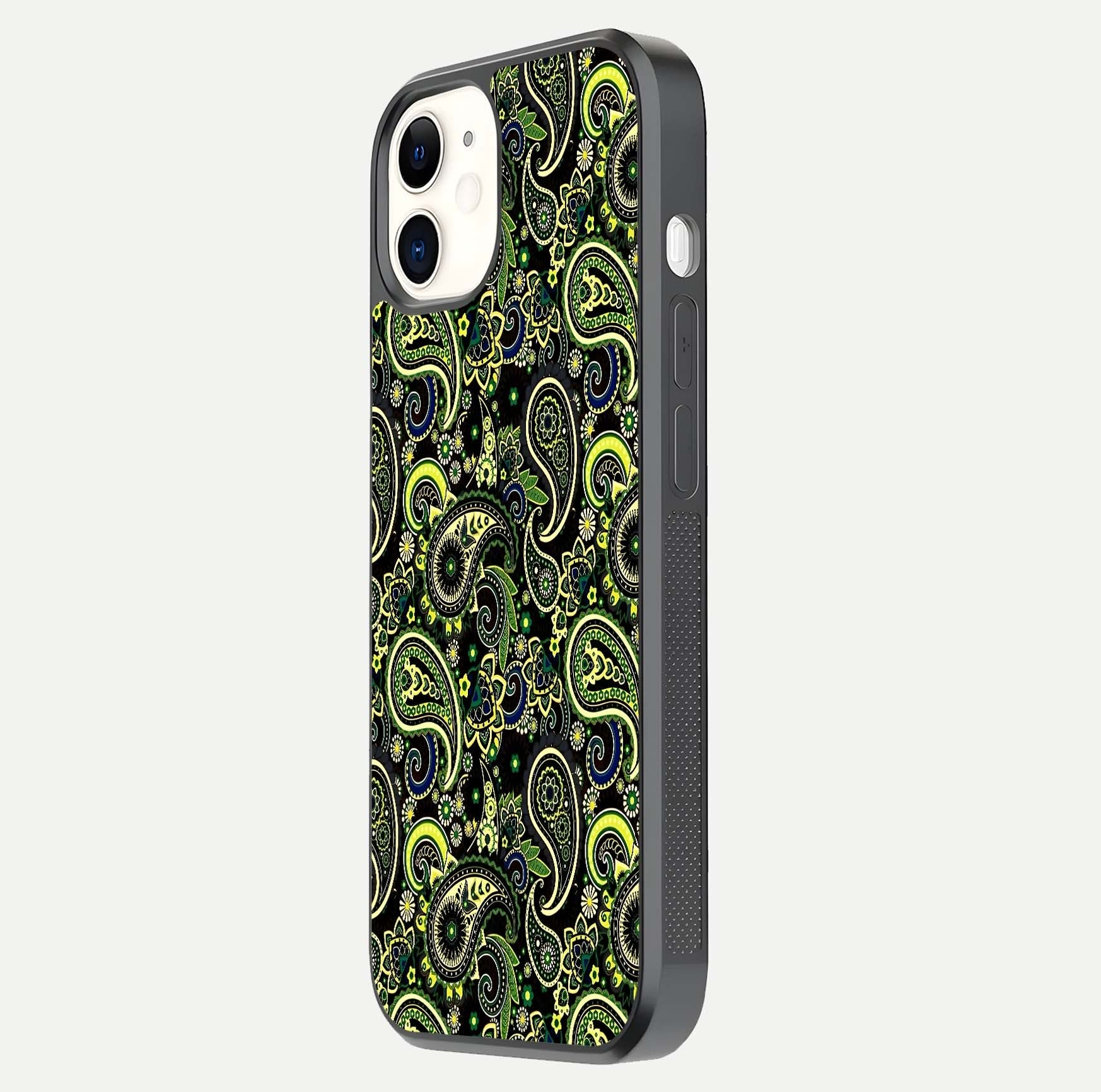 Green Mandala Pattern Glass Case for iphone-12 side-angle image showing reflection clarity and detailed pattern lines