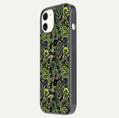 Green Mandala Pattern Glass Case for iphone-12 side-angle image showing reflection clarity and detailed pattern lines