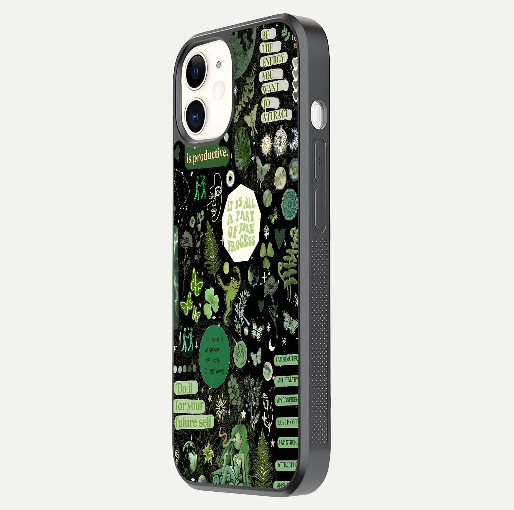 Green Moon Energy Glass Case for iphone-12 side-angle image showing reflection brilliance and curved finish
