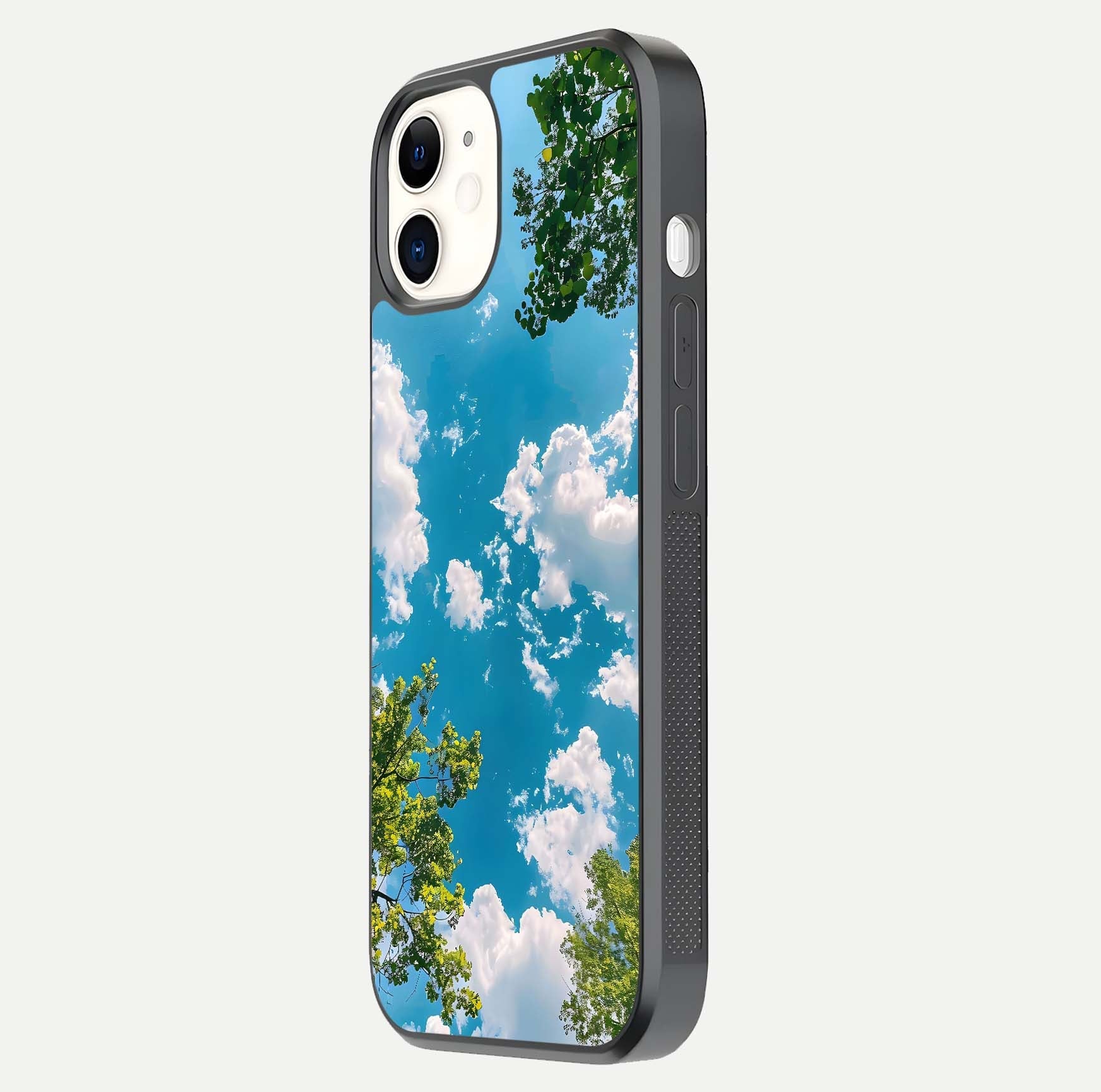 Greenery Sky Glass Case for iphone-12 side-angle image showing reflection glow and nature-themed pattern