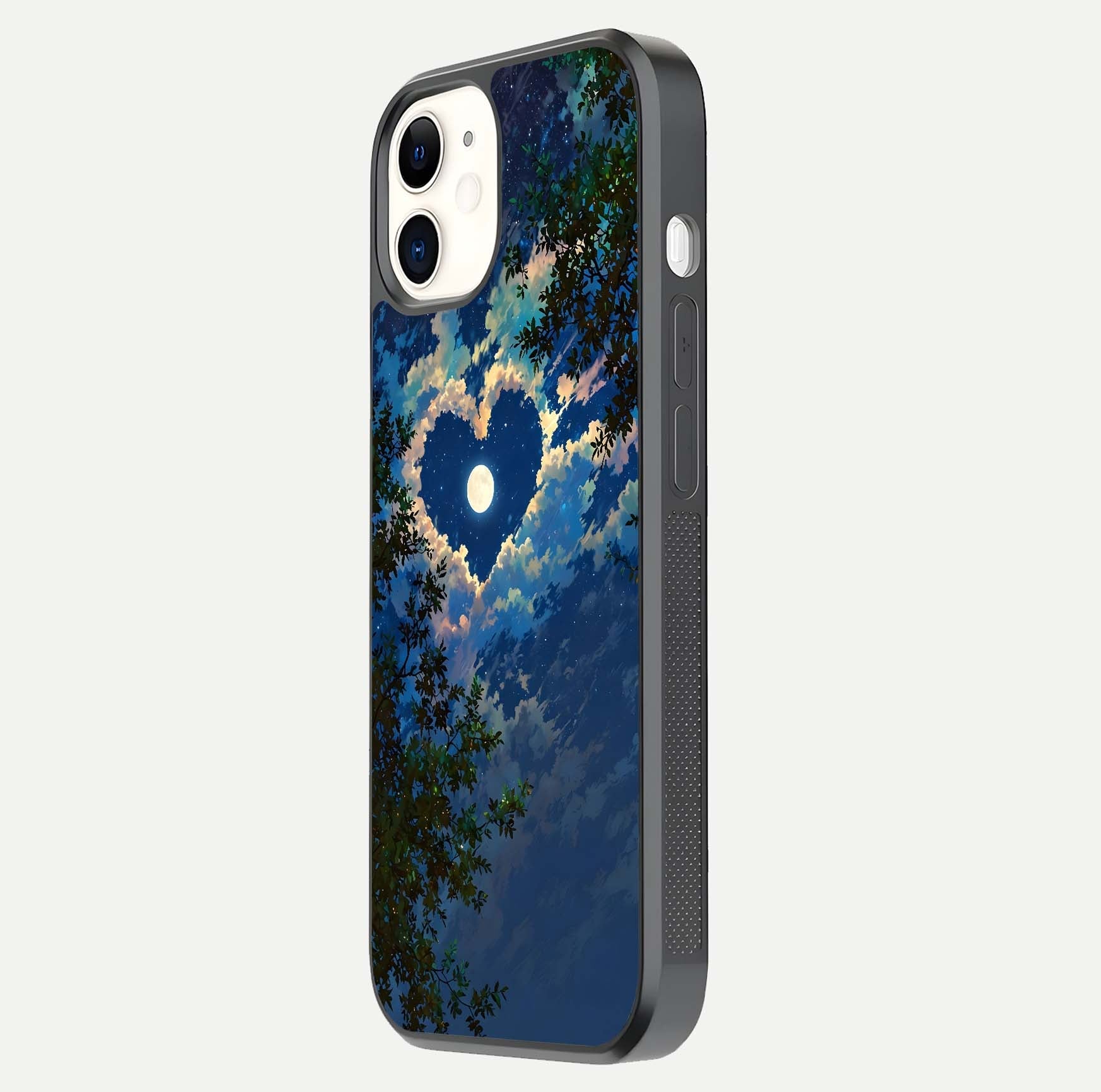 Heart with Moon Sky Glass Case for iphone-12 side-angle image showing reflection brightness and soft tone finish