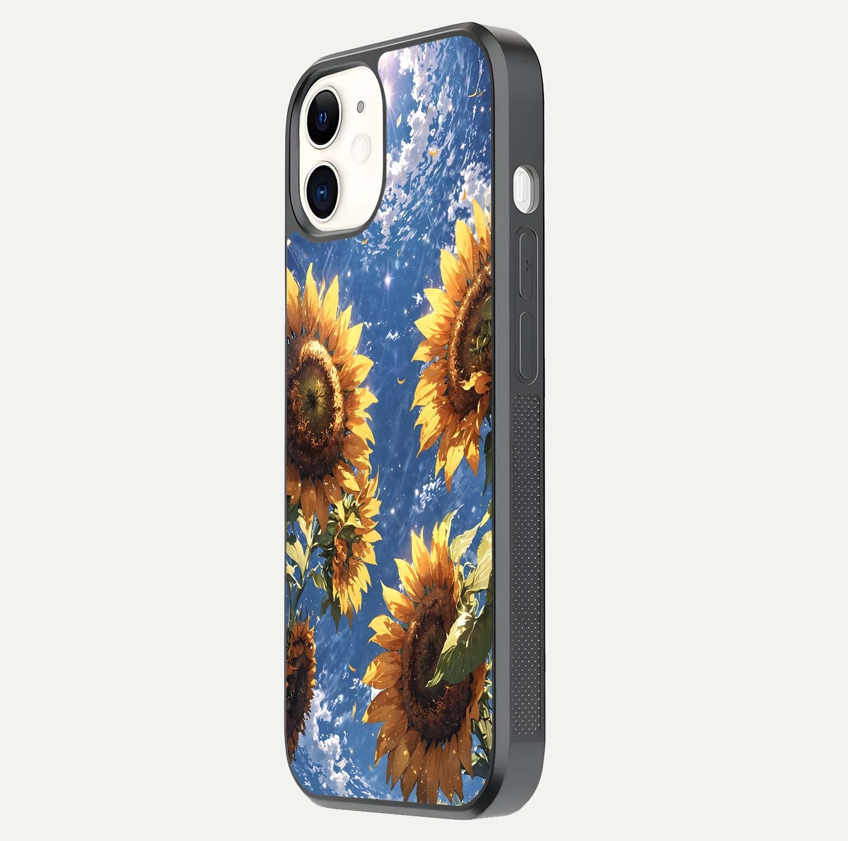 Heavenly Sunflower Rise Glass Case for iphone-12 side-angle image showing reflection glow and soft yellow tone