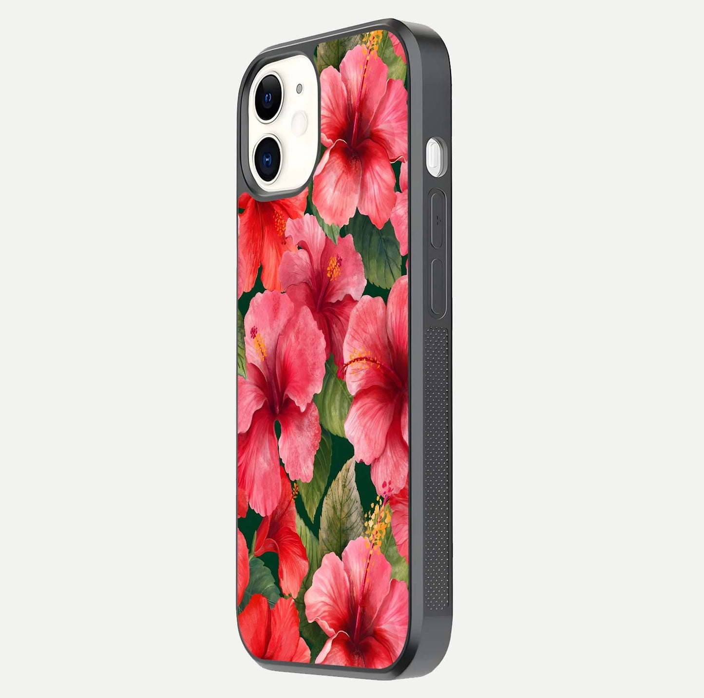 Hibiscus Pattern Glass Case for iphone-12 side-angle image showing reflection brightness and floral detailing