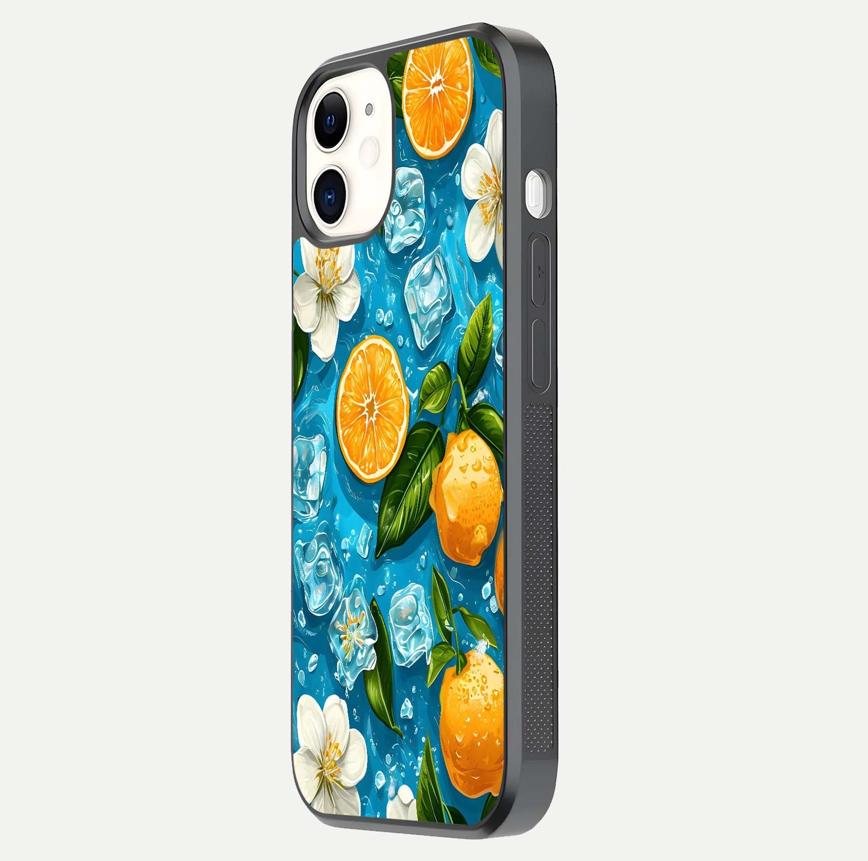 Ice Cube With Orange Glass Case for iphone-12 side-angle image showing reflection brightness and juicy pattern detail