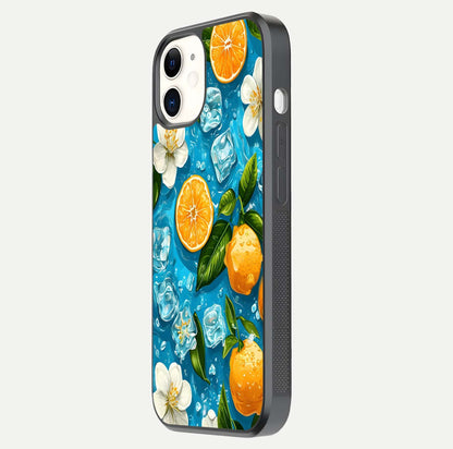 Ice Cube With Orange Glass Case for iphone-12 side-angle image showing reflection brightness and juicy pattern detail
