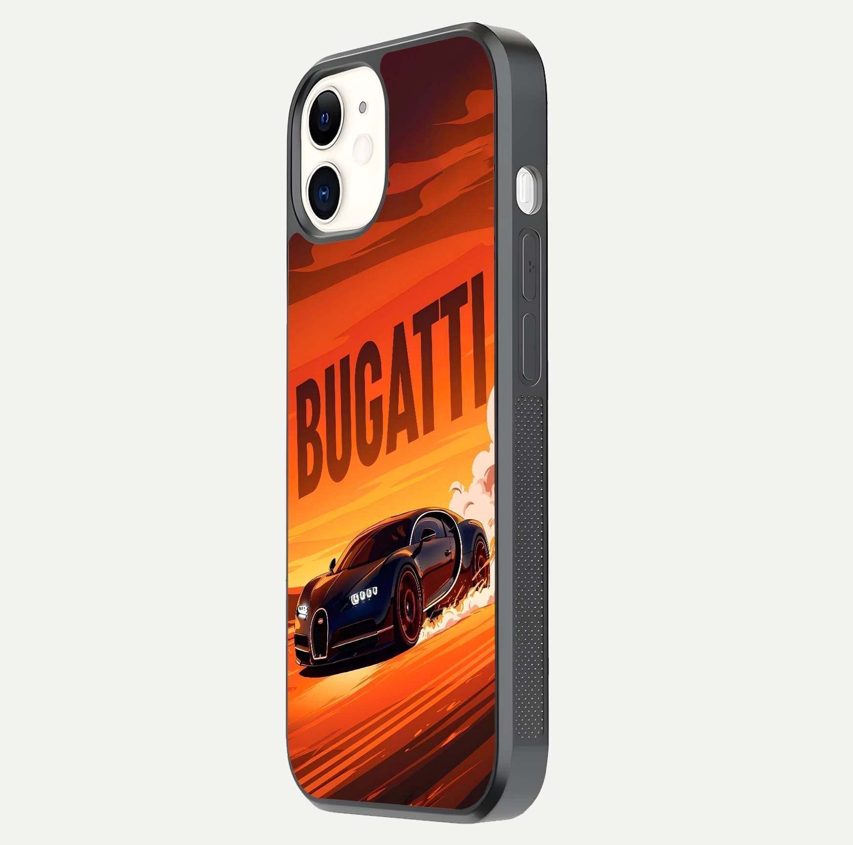 Inferno Bugatti Storm Glass Case for iphone-12 side-angle image showing reflection glow and vibrant red tones